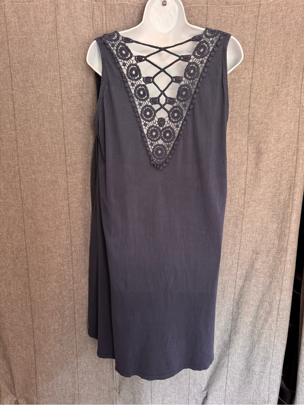 Italian Linen Cotton Crochet Tunic Tank Top Mini Dress Lagenlook Large Navy